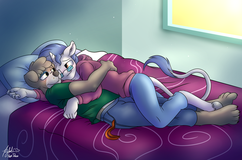 Size: 4000x2638 | Tagged: suggestive, artist:dogg, banned from derpibooru, deleted from derpibooru, derpibooru import, oc, oc:dogg, oc:yodi, unofficial characters only, anthro, classical unicorn, dog, unguligrade anthro, unicorn, bed, clothes, cloven hooves, furry, gay, hoodie, leonine tail, male, non-mlp oc, non-pony oc, oc x oc, pants, shipping, snuggling, stallion, unshorn fetlocks