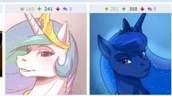 Size: 1155x642 | Tagged: safe, artist:mykegreywolf, banned from derpibooru, deleted from derpibooru, derpibooru import, princess celestia, princess luna, derpibooru, juxtaposition, juxtaposition win, meme, meta, simple background