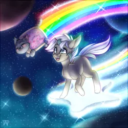 Size: 1024x1024 | Tagged: safe, artist:theanthropony, banned from derpibooru, deleted from derpibooru, derpibooru import, oc, oc:cosmic shores, cat, duo, flying, nyan cat, rainbow, space, stars