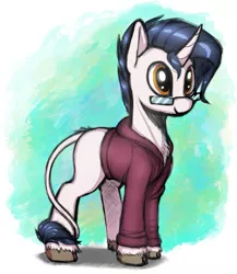 Size: 777x897 | Tagged: safe, artist:shydale, banned from derpibooru, deleted from derpibooru, derpibooru import, oc, oc:yodi, classical unicorn, unicorn, clothes, cloven hooves, glasses, hoodie, leonine tail, male, solo, stallion, unshorn fetlocks