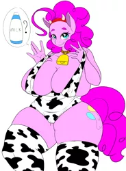 Size: 944x1280 | Tagged: suggestive, artist:celine-artnsfw, banned from derpibooru, color edit, colorist:minshi woods, deleted from derpibooru, derpibooru import, edit, pinkie pie, anthro, absolute cleavage, bell, big breasts, bovine pie, breasts, busty pinkie pie, cleavage, clothes, collar, colored, cowbell, female, headband, huge breasts, looking at you, milk, one-piece swimsuit, pincow pie, plump, socks, solo, solo female, stockings, swimsuit, thigh highs