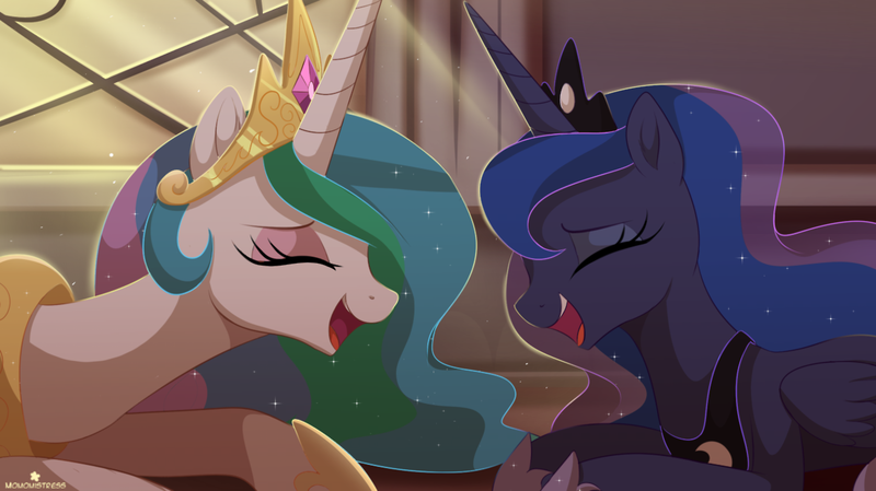 Size: 1280x718 | Tagged: safe, artist:verawitch, banned from derpibooru, deleted from derpibooru, derpibooru import, princess celestia, princess luna, pony, a royal problem, cute, cutelestia, duo, eyes closed, female, image, laughing, laughingmares.jpg, lunabetes, mare, png, royal sisters, scene interpretation
