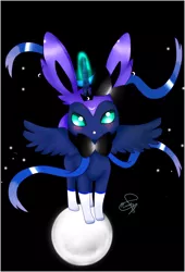 Size: 1700x2500 | Tagged: safe, artist:hanaty, banned from derpibooru, deleted from derpibooru, derpibooru import, princess luna, alicorn, fairy, sylveon, black background, crossover, female, moon, pokefied, pokémon, simple background, solo, species swap