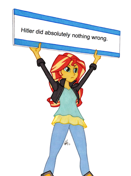 Size: 761x1024 | Tagged: questionable, banned from derpibooru, deleted from derpibooru, derpibooru import, sunset shimmer, equestria girls, adolf hitler, exploitable meme, hitler did nothing wrong, meme, offensive, sign, sunset's board