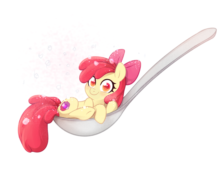 Size: 938x731 | Tagged: safe, artist:jumblehorse, banned from derpibooru, deleted from derpibooru, derpibooru import, apple bloom, earth pony, pony, adorabloom, colored pupils, cute, female, filly, horse spooning meme, looking at you, meme, solo, spoon, tiny, tiny ponies
