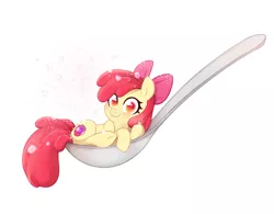 Size: 938x731 | Tagged: safe, artist:jumblehorse, banned from derpibooru, deleted from derpibooru, derpibooru import, apple bloom, earth pony, pony, adorabloom, colored pupils, cute, female, filly, horse spooning meme, looking at you, meme, solo, spoon, tiny, tiny ponies