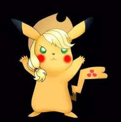 Size: 1051x1065 | Tagged: safe, artist:hanaty, banned from derpibooru, deleted from derpibooru, derpibooru import, applejack, pikachu, black background, crossover, female, pokefied, pokémon, simple background, species swap