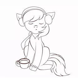 Size: 894x894 | Tagged: safe, artist:hanaty, banned from derpibooru, deleted from derpibooru, derpibooru import, oc, unofficial characters only, pony, cup, cute, earmuffs, lineart, male, simple background, solo, white background