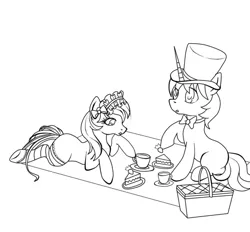 Size: 927x861 | Tagged: safe, artist:hanaty, banned from derpibooru, deleted from derpibooru, derpibooru import, oc, unofficial characters only, pony, basket, cake, cup, cute, duo, food, hat, lineart, picnic, simple background, white background