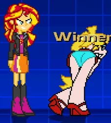 Size: 410x452 | Tagged: suggestive, artist:toonalexsora007, banned from derpibooru, deleted from derpibooru, derpibooru import, sunset shimmer, equestria girls, anarchy panty, ass, blue underwear, butt, clothes, eyes on the prize, grin, kiss my ass, mugen, panties, panty and stocking with garterbelt, smiling, underwear