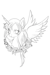 Size: 730x1095 | Tagged: safe, artist:hanaty, banned from derpibooru, deleted from derpibooru, derpibooru import, oc, unofficial characters only, alicorn, pony, alicorn oc, female, flower, horn, lineart, rose, solo, wings