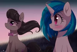 Size: 1192x800 | Tagged: safe, artist:verawitch, banned from derpibooru, deleted from derpibooru, derpibooru import, octavia melody, vinyl scratch, earth pony, pony, unicorn, blushing, cute, duo, female, implied lesbian, implied scratchtavia, implied shipping, lesbian, mare, scratchtavia, shipping, sitting, smiling