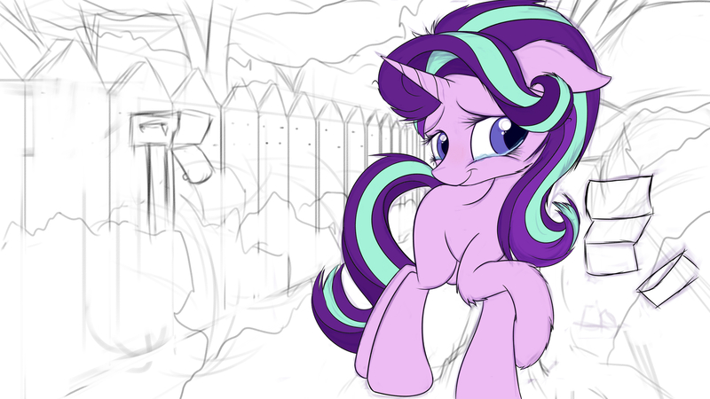 Size: 1920x1080 | Tagged: safe, artist:aurelleah, banned from derpibooru, deleted from derpibooru, derpibooru import, starlight glimmer, pony, unicorn, crying, letter, sketch, solo