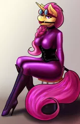 Size: 3300x5100 | Tagged: suggestive, alternate version, artist:gingersnap913, banned from derpibooru, deleted from derpibooru, derpibooru import, oc, oc:copper sparks, unofficial characters only, anthro, plantigrade anthro, unicorn, absurd resolution, ballet boots, ballgag, bodysuit, bondage, boots, breasts, catsuit, clothes, collar, commission, corset, cuffs, female, femsub, gag, goggles, high heel boots, latex, latex boots, latex suit, shackles, shoes, skintight clothes, socks, stockings, stool, submissive, tail wrap, thigh highs, ych result