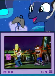 Size: 786x1080 | Tagged: safe, banned from derpibooru, deleted from derpibooru, derpibooru import, princess luna, gamer luna, coco bandicoot, crash bandicoot, crash bandicoot n sane trilogy, exploitable meme, meme, obligatory pony, tv meme