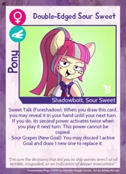 Size: 788x1088 | Tagged: safe, artist:ashleynicholsart, artist:ithryskylark, banned from derpibooru, deleted from derpibooru, derpibooru import, edit, sour sweet, ponified, pony, twilight sparkle's secret shipfic folder, equestria girls, card, cropped, equestria girls ponified, looking at you, solo