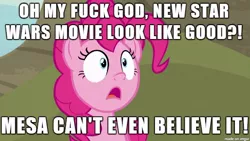 Size: 610x343 | Tagged: safe, banned from derpibooru, deleted from derpibooru, derpibooru import, pinkie pie, caption, image macro, jar jar binks, meme, star wars, text, vulgar