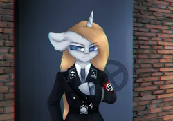 Size: 1024x717 | Tagged: safe, artist:einzie, banned from derpibooru, deleted from derpibooru, derpibooru import, oc, oc:vicky turner, unofficial characters only, anthro, unicorn, aryan pony, brick wall, clock, clothes, female, floppy ears, impatient, nazi, necktie, schutzstaffel, swastika, uniform