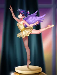 Size: 3000x4000 | Tagged: safe, artist:racoonsan, banned from derpibooru, deleted from derpibooru, derpibooru import, twilight sparkle, human, a royal problem, alternate hairstyle, armpits, ballerina, ballet slippers, clothes, cute, dress, female, full body, hair bun, horn, horned humanization, humanized, leotard, looking at you, music box, pose, raised leg, scene interpretation, see-through, smiling, solo, tutu, twiabetes, twilarina, winged humanization, wings