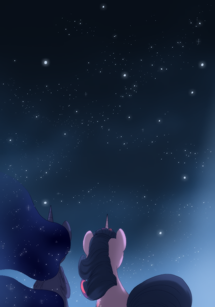 Size: 700x1000 | Tagged: dead source, safe, artist:loyaldis, banned from derpibooru, deleted from derpibooru, derpibooru import, princess luna, twilight sparkle, ask the royal couple, female, lesbian, night, shipping, stargazing, twiluna