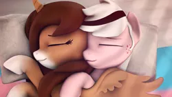 Size: 2920x1642 | Tagged: safe, artist:prettyboyace, banned from derpibooru, deleted from derpibooru, derpibooru import, oc, oc:lavender, oc:savannah reed, unofficial characters only, alicorn, pegasus, pony, 3d, alicorn oc, bed, couple, cuddling, cute, female, horn, male, shipping, sleeping, snuggling, source filmmaker, spread wings, straight, wings