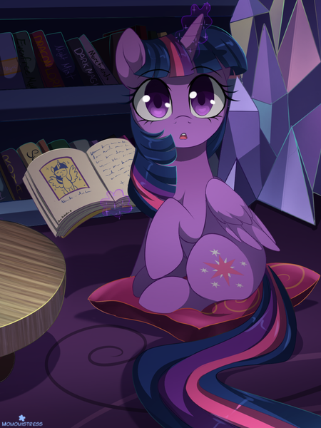 Size: 800x1067 | Tagged: safe, artist:verawitch, banned from derpibooru, deleted from derpibooru, derpibooru import, twilight sparkle, twilight sparkle (alicorn), alicorn, pony, adorkable, beautiful, book, cute, dork, library, looking at you, magic, open mouth, sitting, solo, telekinesis, twiabetes