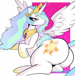 Size: 1262x1280 | Tagged: suggestive, artist:juicyghost, banned from derpibooru, deleted from derpibooru, derpibooru import, princess celestia, alicorn, pony, butt, eyelashes, female, hair over one eye, large butt, lidded eyes, looking back, mare, plot, prone, smiling, solo, solo female, spread wings, sunbutt, wings