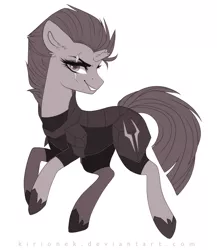 Size: 1024x1178 | Tagged: safe, artist:kirionek, banned from derpibooru, deleted from derpibooru, derpibooru import, tempest shadow, pony, unicorn, my little pony: the movie, armor, broken horn, female, horn, mare, monochrome, scar, solo