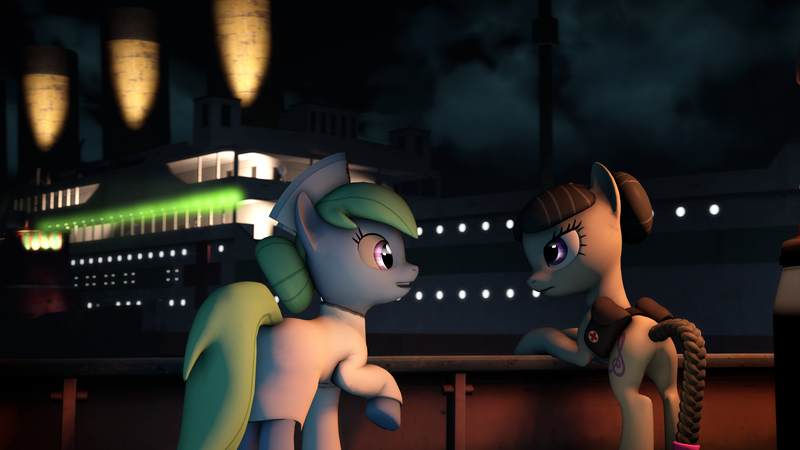 Size: 3840x2160 | Tagged: safe, artist:wintergleam, banned from derpibooru, deleted from derpibooru, derpibooru import, nurse tenderheart, octavia melody, earth pony, pony, 3d, alternate hairstyle, britannic, duo, female, mare, night, ship, smiling, source filmmaker