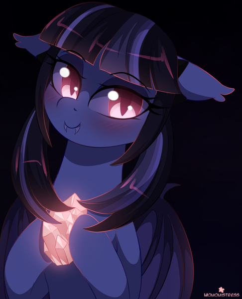 Size: 800x987 | Tagged: safe, artist:verawitch, banned from derpibooru, deleted from derpibooru, derpibooru import, oc, unofficial characters only, bat pony, pony, bat pony oc, bat wings, crystal, fangs, female, floppy ears, glowing eyes, mare, slit eyes, smiling, solo, wings