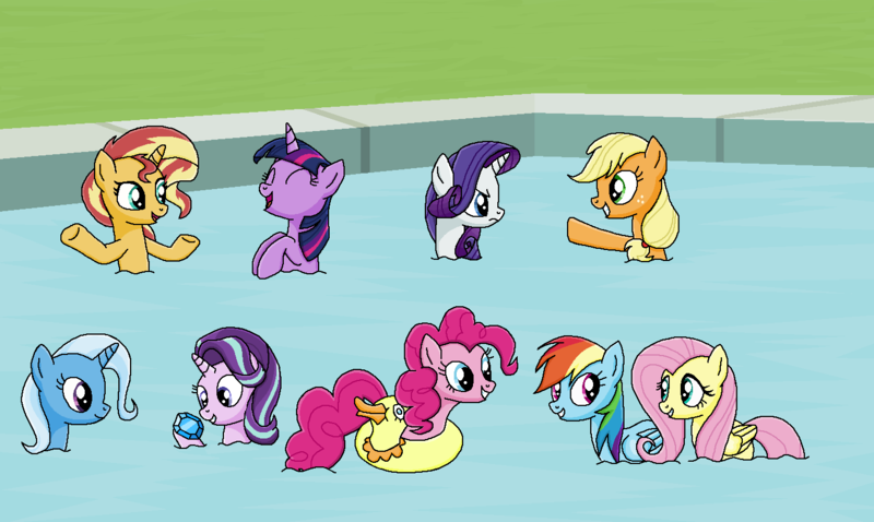 Size: 1432x856 | Tagged: safe, artist:emeraldblast63, banned from derpibooru, deleted from derpibooru, derpibooru import, applejack, fluttershy, pinkie pie, rainbow dash, rarity, starlight glimmer, sunset shimmer, trixie, twilight sparkle, duck, duck pony, counterparts, floatie, mane six, swimming, swimming pool, twilight's counterparts, water