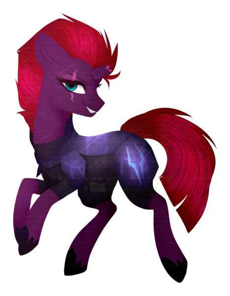 Size: 1261x1616 | Tagged: safe, artist:kirionek, artist:rockruffian, banned from derpibooru, deleted from derpibooru, derpibooru import, tempest shadow, pony, unicorn, my little pony: the movie, armor, broken horn, collaboration, female, horn, mare, scar, solo