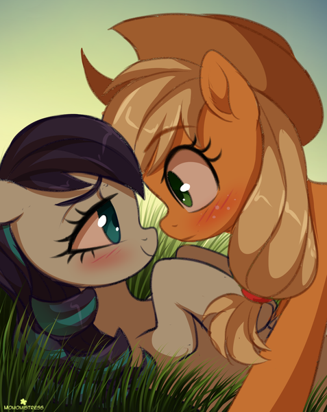 Size: 1567x1973 | Tagged: dead source, safe, artist:verawitch, banned from derpibooru, deleted from derpibooru, derpibooru import, applejack, coloratura, earth pony, pony, blushing, female, grass, lesbian, looking at each other, mare, rarajack, shipping, smiling