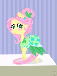 Size: 639x850 | Tagged: safe, artist:ginkadia, banned from derpibooru, deleted from derpibooru, derpibooru import, fluttershy, pony, blushing, clothes, cute, dress, female, mare, model, modeling, shyabetes, smiling, solo