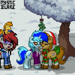 Size: 400x400 | Tagged: dead source, safe, artist:mystic blare, banned from derpibooru, deleted from derpibooru, derpibooru import, oc, oc:hoers, oc:jade sprockett, oc:ponepony, unofficial characters only, pony, pony town, animated, christmas, clothes, female, fluffle puffing, gif, holiday, jealous, kissing, lesbian, licking, meme, mistletoe, pixel art, plushie, poni licking poni, scarf, shocked, snow, tongue out