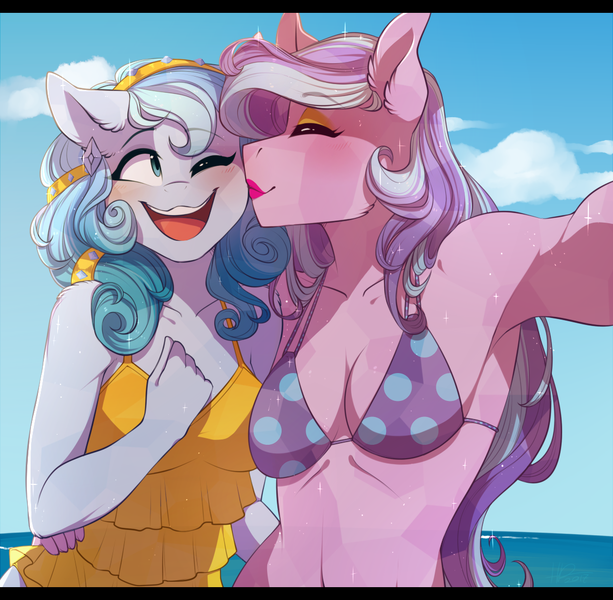 Size: 1145x1121 | Tagged: safe, artist:harmoniousrain, banned from derpibooru, deleted from derpibooru, derpibooru import, oc, oc:diamond dove, oc:succulent scent, unofficial characters only, anthro, crystal pony, anthro oc, armpits, beach, belly button, bikini, bikini top, blushing, breasts, cleavage, clothes, female, image, kissing, kiss on the cheek, laughing, lesbian, ocean, oc x oc, png, selfie, shipping, sky, swimsuit, tankini