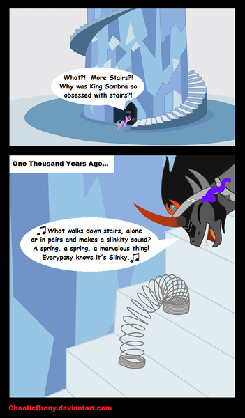 Size: 726x1242 | Tagged: safe, artist:silverslinger, banned from derpibooru, deleted from derpibooru, derpibooru import, king sombra, spike, twilight sparkle, comic, comic sans, cute, slinky, sombradorable, stairs, that pony sure does love stairs