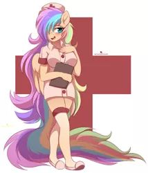 Size: 2287x2673 | Tagged: safe, artist:verawitch, banned from derpibooru, deleted from derpibooru, derpibooru import, oc, oc:summer daydream, unofficial characters only, anthro, pegasus, plantigrade anthro, blushing, breasts, clipboard, clothes, cute, female, hair over one eye, image, multicolored hair, nurse, nurse outfit, png, smiling