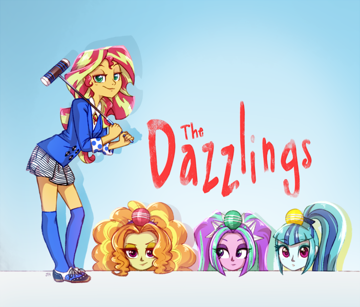 Size: 1148x980 | Tagged: safe, artist:jumblehorse, banned from derpibooru, deleted from derpibooru, derpibooru import, adagio dazzle, aria blaze, sonata dusk, sunset shimmer, alternate universe, bangs, bedroom eyes, clothes, croquet, croquet mallet, cute, cutie mark pendant, eyeshadow, female, fluffy hair, heathers, leaning, looking at you, looking sideways, makeup, musical, parody, pigtails, ponytail, reference, signature, simple background, smiling, smirk, socks, sonatabetes, stockings, the dazzlings, thigh highs