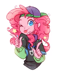 Size: 927x1200 | Tagged: safe, artist:jumblehorse, banned from derpibooru, deleted from derpibooru, derpibooru import, pinkie pie, equestria girls, bust, clothes, cute, diapinkes, female, happy, hat, long hair, long nails, looking at you, one eye closed, rapper pie, simple background, smiling, solo, sparkles, stars, tongue out, white background, wink, winking at you
