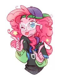 Size: 927x1200 | Tagged: safe, artist:jumblehorse, banned from derpibooru, deleted from derpibooru, derpibooru import, pinkie pie, equestria girls, clothes, cute, diapinkes, female, finger gun, finger guns, hoodie, looking at you, one eye closed, rapper pie, shutter shades, sparkles, tongue out, wink