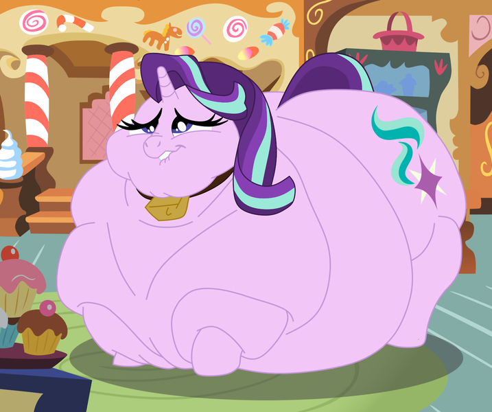 Size: 1280x1071 | Tagged: questionable, artist:calorie, artist:fatponypie, banned from derpibooru, deleted from derpibooru, derpibooru import, starlight glimmer, bell, bell collar, belly, big belly, blob, butt, chubby, chubby cheeks, collar, cowbell, cupcake, cutie mark, double chin, fat, food, huge belly, huge butt, impossibly large belly, impossibly large butt, large belly, large butt, lip bite, morbidly obese, near immobile, obese, solo, starlard glimmer, sugarcube corner, weight gain