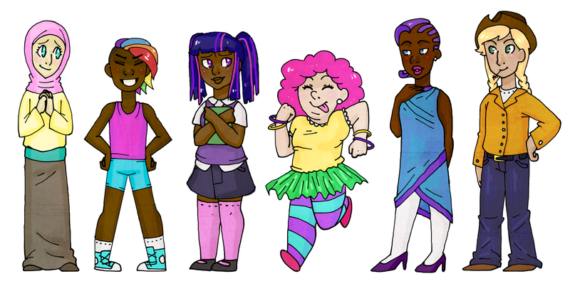 Size: 1600x803 | Tagged: safe, artist:mtotheaggie, banned from derpibooru, deleted from derpibooru, derpibooru import, applejack, fluttershy, pinkie pie, rainbow dash, rarity, twilight sparkle, human, blackwashing, dark skin, hijab, humanized, image, islam, islamashy, light skin, mane six, png, religion, tumblr nose