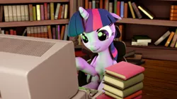 Size: 3840x2160 | Tagged: safe, artist:xppp1n, banned from derpibooru, deleted from derpibooru, derpibooru import, twilight sparkle, twilight sparkle (alicorn), alicorn, pony, 3d, book, bookshelf, ibm pc, solo, source filmmaker