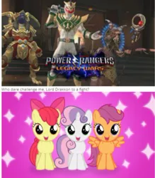 Size: 451x515 | Tagged: safe, banned from derpibooru, deleted from derpibooru, derpibooru import, apple bloom, scootaloo, sweetie belle, cutie mark crusaders, goldar, power rangers, power rangers legacy wars, rita repulsa