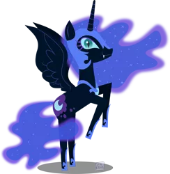 Size: 750x768 | Tagged: safe, artist:ginkadia, banned from derpibooru, deleted from derpibooru, derpibooru import, nightmare moon, alicorn, pony, fangs, female, helmet, looking at you, mare, rearing, simple background, smiling, solo, transparent background
