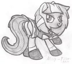 Size: 1560x1404 | Tagged: suggestive, artist:fillerartist, banned from derpibooru, deleted from derpibooru, derpibooru import, oc, oc:milly millstone, unofficial characters only, pony, butt, monochrome, outfit, plot, signature, solo, traditional art