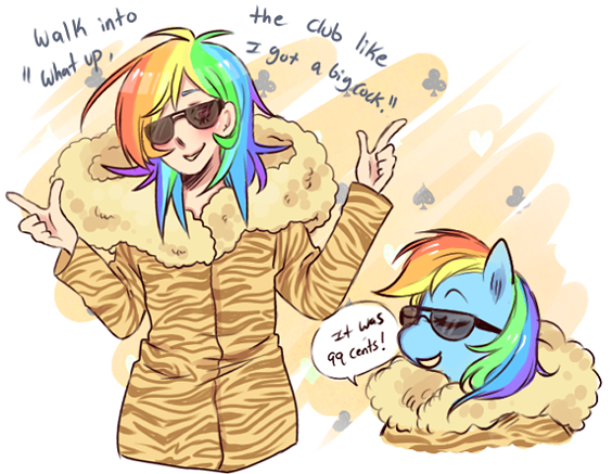 Size: 564x437 | Tagged: suggestive, artist:ladybeemer, banned from derpibooru, deleted from derpibooru, derpibooru import, rainbow dash, human, pegasus, clothes, female, humanized, macklemore, mare, peace sign, self ponidox, sunglasses, thrift shop