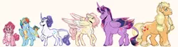 Size: 6000x1593 | Tagged: safe, artist:dingobreath, banned from derpibooru, deleted from derpibooru, derpibooru import, applejack, fluttershy, pinkie pie, rainbow dash, rarity, twilight sparkle, twilight sparkle (alicorn), alicorn, classical unicorn, earth pony, pegasus, pony, unicorn, chest fluff, cloven hooves, colored wings, colored wingtips, curved horn, cutie mark, female, horn, leonine tail, line-up, mane six, multicolored wings, raised hoof, scar, simple background, size chart, size comparison, tail feathers, unshorn fetlocks, white background, wings