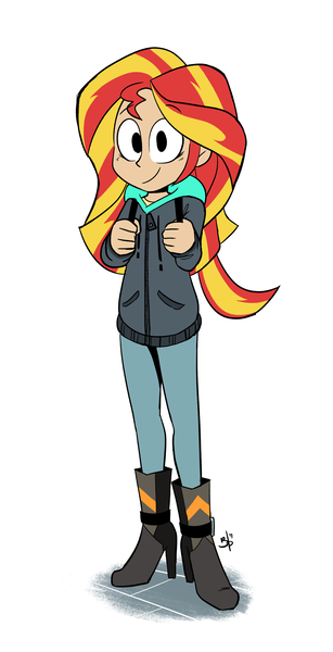 Size: 1686x3300 | Tagged: safe, artist:belaboy, banned from derpibooru, deleted from derpibooru, derpibooru import, sunset shimmer, eqg summertime shorts, equestria girls, monday blues, clothes, hoodie